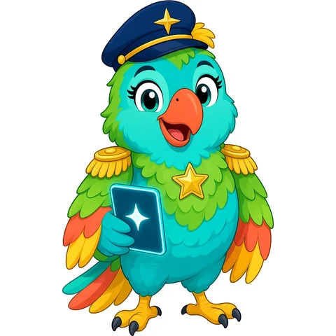 First Mate Kate, a cartoon turquoise parrot mascot in a captain's cap